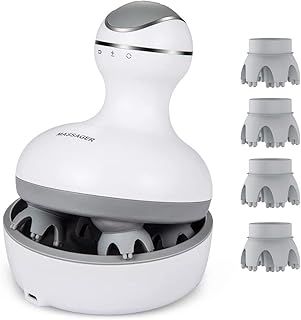 LATME Electric Scalp Massager with 4 Replacement Massage Heads Portable Head Scratcher with Tissue Kneading Nodes Gifts Idea Stress Release Massager for Muscles Shoulder Calf (White-Dark Grey)