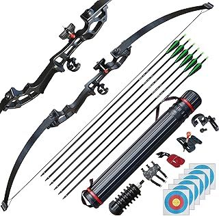 D&Q Archery Set Adult Bow and Arrow Set Adult Takedown Recurve Bow Hunting Bow Target Practice Competition Survival Longbow Right Hand 50" 30lbs, 40lbs with 6pcs Mixed Carbon Arrow