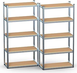 VOUNOT® 5-Tier Heavy Duty Shelving Units, Set of 2 Metal Storage Racking for Garage, Shed, Workshop & Warehouse, Freestanding Shelves, Load Capacity 1250 kg, 180 x 90 x 40 cm