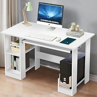 Blisswood Home Office Desk, White Computer Desk With Shelves & Sliding Keyboard Tray PC Laptop Table For Writing Workstation Bedroom Study Furniture (90 x 55 x 75CM)