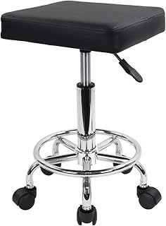KKTONER Square Rolling Stool with Foot Rest PU Leather Height Adjustable Spa Drafting Salon Tattoo Work Swivel Stools Task Chair Small (Black)