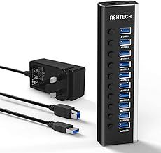 RSHTECH Powered USB 3.0 Hub Aluminum 10 Port USB 3.0 Data Hub with 12V/3A (36W) Power Adapter and Individual On/Off Switches & LED (RSH-A10)
