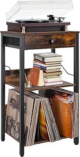 BQKOZFIN 3-Tier Record Player Stand, Vinyl Record Player Table with Drawer & Storage Shelf Up to 100 Albums, Industrial Turntable Stand End Table Nightstand Record Player Shelf for Living Room,Bedroom