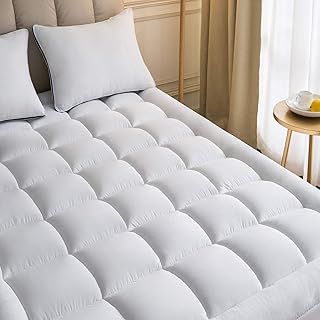 Mattress Topper Double (Full) 137x191 cm Quilted Back Pain Relief Plush Down Alternative Pillow Top Fitted Skirt Protector Cooling Mattress Pad Deep Pocket Fits 50 cm Soft White, 137 cm x 191 cm