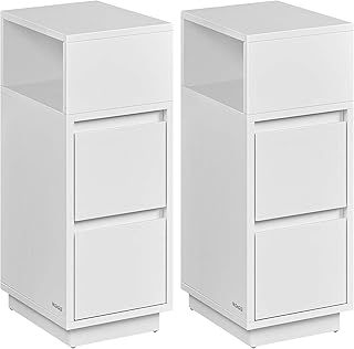 VASAGLE Slim Bedside Tables, Set of 2, Small Narrow Side End Tables with 2 Drawers, 1 Open Compartment Mounted to Face Left or Right, for Bedroom, Living Room, Ebony Black LET856B56