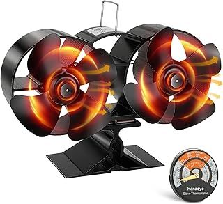Hanaoyo Stove Fan, Log Burner Fan with Double Motors, Wood Burning Stove Fan Heat Powered Silent Operation with Stove Thermometer, Eco Friendly Wood Stove Fan for Wood/Log Burner/Fireplace