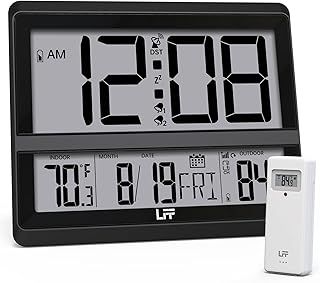Atomic Clock Large Display, Digital Wall Clock with Indoor Outdoor Temperature and Date, Wireless Outdoor Sensor, Digital Desk Alarm Clock Battery Operated for Bedroom, Easy to Read