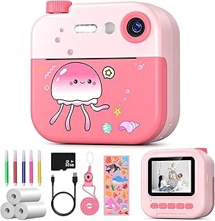 Kaishengyuan Kids Instant Print Camera, 1080P with 2.4" Screen, 32GB Card & 3 Rolls Print Paper, Perfect for Ages 3-12 (Pink)