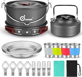 Odoland Camping Cookware Kit for 3-4 People Portable Stainless steel Cooking Set for Camping, Backpacking, Outdoor Cooking and Picnic