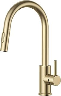 FORIOUS Kitchen Tap, Kitchen Sink Taps Mixer with Pull Down Spray, High Arc pout Swivels 360 Single Handle, Brushed Gold