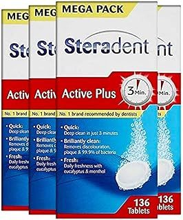 Steradent Active Plus Denture Cleaner, 544 Tablets, Plaque Remover For White Teeth, Mint Fresh, Kills 99.9% Bacteria, Care Cleansers, 136 Count, Pack Of 4
