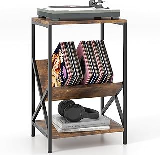 COSTWAY Sofa Side Table, Industrial Nightstand Record Player Stand with Album Vinyl Storage and Open Shelf, Metal Frame Wooden Turntable Stand Bedside End Table for Living Room Bedroom (Grey)