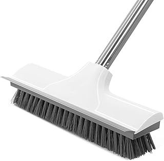 Newthinking Floor Scrubbing Brush with Long Handle, Heavy Duty Stiff Bristle Floor Brush with Squeegee for Cleaning Bathroom Deck Tile Patio, White