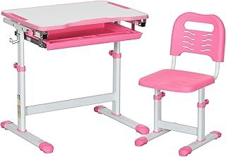 HOMCOM Kids Desk and Chair Set, Height Adjustable Student Writing Desk, Children School Study Table with Tiltable Desktop, Drawer, Pen Slot, Hook - Pink
