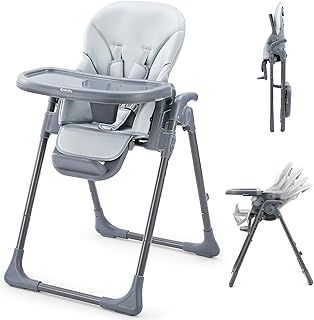 Ezebaby Baby Highchair, Foldable and Adjustable Baby Chair, 6 Height Settings, 4 Recline Positions, 3 Tray Positions, Adjust Footrest, Portable High Chair for Baby and Toddler (Grey)