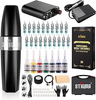 Stigma Tattoo Pen Machine Kit Rotary Complete Tattoo Set with 20Pcs Cartridges Needles Power Supply Tattoo Ink Tattoo Kit with Plastic Box for Beginners and Tattoo Artists EM123KITP162-1-UK