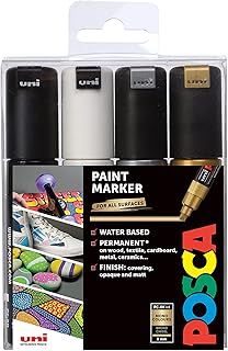 POSCA PC-8K Permanent Marker Paint Pens. Chisel Tip for Art & Crafts. Multi Surface Use On Wood Metal Paper Canvas Cardboard Glass Fabric Ceramic Rock Pebble Stone Porcelain. Set of 4 Mono Colours