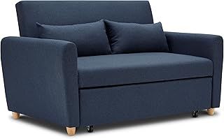 Pull Out Two Seater Double Sofa Bed - Blue. Modern Contemporary Space Saving Folding Bed, Easy Fold Living Room Furniture To Full Size Double Bed. Fabric Couch With Thick Foam Cushions.