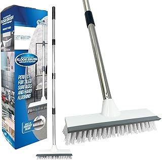 Floor Squeegee Broom Scrubbing Brush with Stiff Brush Bristles and 4PC Broom Handle for Home and Commercial Use - Bathroom Cleaning Scrubber, Floor Sweeper Indoor for Tile or Wood Surfaces
