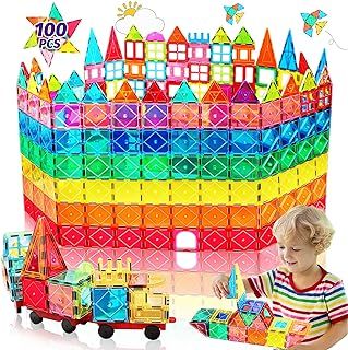 100PCS Magnetic Tiles Building Blocks Montessori Toys for 3 4 5 6 7 8 Year Old Boys Girls Kids STEM Learning Educational 3D Rainbow Castle Games Construction Magnet Toys Christmas Birthday Gifts