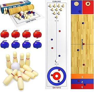 4 in 1 Board Game Set - Shuffleboard, Bowling, Curling & Cornhole, Ideal for School, Home, Office, Party