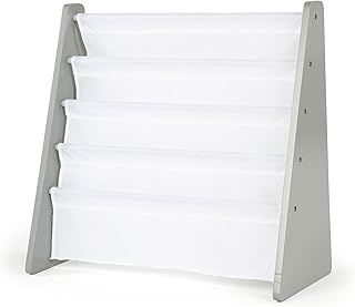 Humble Crew Inspire Wooden Bookshelf for Children, 4 Tier Book Storage Organiser with Deep Fabric Pockets, Forward Facing Book Display for Easy Identification - Grey/White