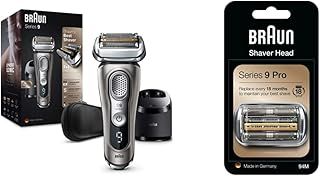 Braun Series 9 Electric Shaver 5 Shaving Elements to Get More Hair in One Stroke, 2 Pin Bathroom Plug, 9385cc, Graphite Razor & Series 9 Electric Shaver Replacement Head, 94M, Silver