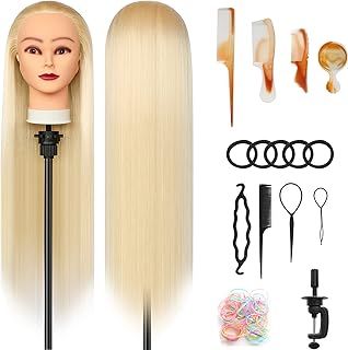 Styling Head 28 inch Training Head 100% Synthetic Fibres Hairdressing Head Hairdresser Training Heads with Free Clamp and DIY Braiding Set (Blonde)