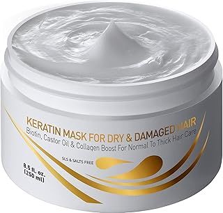 Vitamins Hair Mask Keratin Treatment - Biotin Castor and Coconut Oil Deep Conditioner for Thick Coarse Hair - Protein Repair Product for Coloured Dry Damaged Curly Wavy & Straight Locks