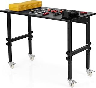 COSTWAY 120cm Adjustable Workbench, 10-Level Height Rolling Garage Work Bench with 4 Lockable Casters and Bamboo Top, Heavy Duty Steel Workstation for Home Workshop, 500 kg Load Capacity (Black)