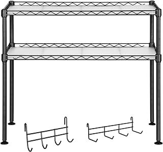 SONGMICS Microwave Oven Rack, 2-Tier Kitchen Countertop Storage Organiser Stand, with 2 Adjustable Shelves and 8 Hooks, Black LGR20BK