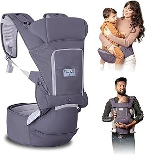 Baby Carrier with Hip Seat - Ergonomic (M Position) Baby Carriers from Newborn to Toddler with Head Pad - 100% Cotton, Breathable Toddler Carrier - Baby Shower Gifts (3-36) (Dark Grey)