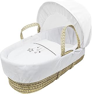 Embroidered White Wish Upon A Star Palm Moses Basket with Full Bedding Set, Adjustable Hood, Fibre Mattress and Padded Liner