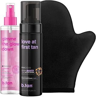 b.tan Violet Self Tanning & Face Mist Gift Set | Lovers Kit - Best Express Fake Tan w/Mitt Applicator, Gradual Face Tan Spray, 1 Hour Dark Face & Body Tanner Mousse, Instant Results, 200ml