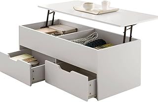 Home Source Lift Up Top Living Room Coffee Table, Pivoting Lid, Locking Support, 2 Large Storage Drawers, White