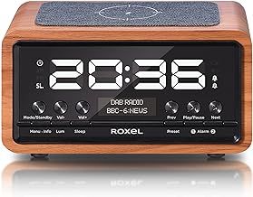 Roxel Nod Bedside Radio, DAB/DAB+ & FM Radio, Alarm Clock, Wireless Phone Charging, Large Digit Display, Dual Bedside Alarm Clock with Wireless Streaming (Walnut)