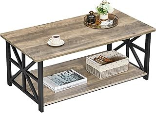 GreenForest Coffee Table with 2-Tier Storage,100 cm Living Room Table with Round Corner, Center Table with X-Frame Design for Home Office,Grey Wash