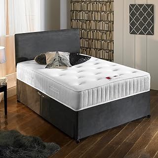 Sleep Factory Ltd New Charcoal Grey Luxury Suede Divan Bed Set With Orthopaedic Tufted Mattress With 2 Free Drawers & FREE Headboard 3FT Single Size