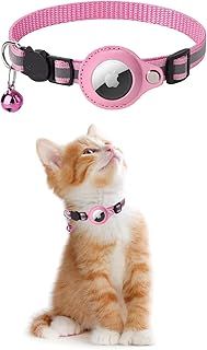 Reflective AirTag Cat Collar, GPS Cat Collar with Adjustable AirTag Holder Bell Breakaway Buckle Compatible with Apple AirTag, Anti-Lost Cat Tracker Collar for Cats Kittens Small Dogs (Pink)
