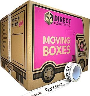 10 Strong Extra Large Cardboard Storage Packing Moving House Boxes with Carry Handles and Room List 66 Metres Fragile Tape 52cm x 52cm x 40cm