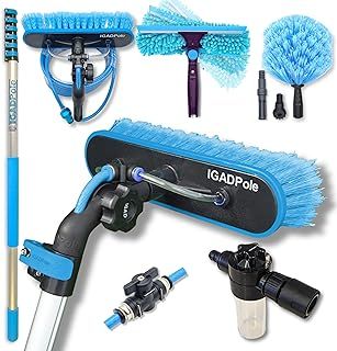 24ft IGADPole Washing Kit: Water-fed Brush, Cobweb Duster and 10” Squeegee and Soap Dispenser, with 6-Stage Telescoping Pole 5-24ft (7m) Pole