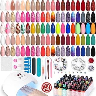 Lavender Violets 73 Pcs Gel Nail Polish Set with Lamp Starter Kit, Jelly/Glitter/Neon/Glow in the Dark 45 Colors,Nail Primer, Base,Matte & Top Coat 54W LED Auto Sensor Rhinestones Manicure Tools LA00