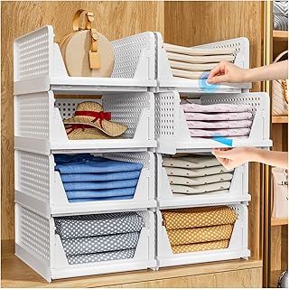 Foldable Closet Organizer, 4 Pack Stackable Storage Boxes, Plastic Storage Baskets, Drawers for Bedroom, Kitchen and Bathroom Organization, White