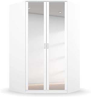 Rauch Möbel Bremen Corner Wardrobe, 2-Door Wardrobe in White with Mirror, Including Basic Accessories Package, 1 Clothes Rail, 9 Shelves (W x H x D) 117 x 199 x 117 cm