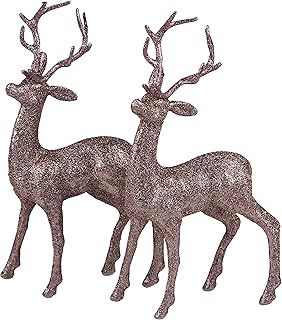 Snow White Set Of 2 Rose Gold Glitter Reindeer Figurines - Christmas Decoration Ornaments.