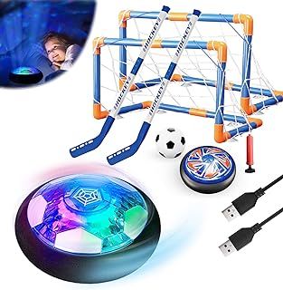 Magicoco 3 in1 Hover Hockey Football Toys Set, Air Floating USB Rechargeable Indoor & Outdoor Hover Sport Games w/2 Goals, LED Shining Light & Bumper, for Age 6-12 Boys Girls
