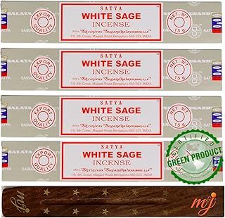 Original Satya Nag Champa White Sage Incense Sticks | with M&J incense sticks holder | x4 pack | for Aromatherapy, Spa, Yoga, Weddings, Meditation, Healing, Positivity and Relaxation