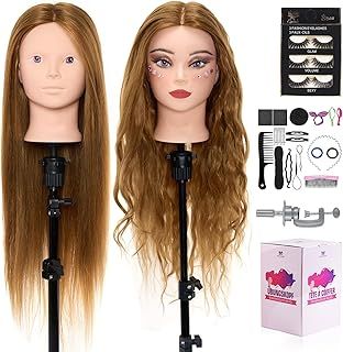 Neverland 28" Training head with 50% Human hair Cosmetology Hairdressing Mannequin Doll Head with table clamp + Hairdressing Tools Accessories Set(Brown)