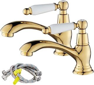 Bathroom Basin Pillar Taps, Pair Basin Sink Taps with Dual Ceramic Levers, Traditional Faucet for Washroom, 1/4 Turn, Include Flexible Hoses, Solid Brass, Polished Gold