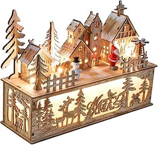 Christmas Ornaments Wooden Village Scene LED Light up Christmas Table Decorations Indoor with Reindeer Forest Winter Village Scene Xmas Gifts for the Home House, 11.8nch/30cm Long(Battery Operated)